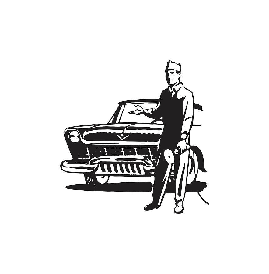 Black And White Drawing - Car Washer with Polisher in Front of Car #1 by CSA Images