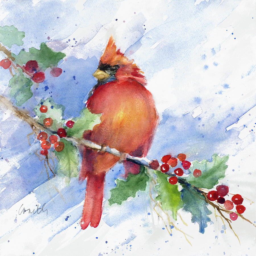 Cardinal Painting - Cardinal On Holly Branch #1 by Lanie Loreth