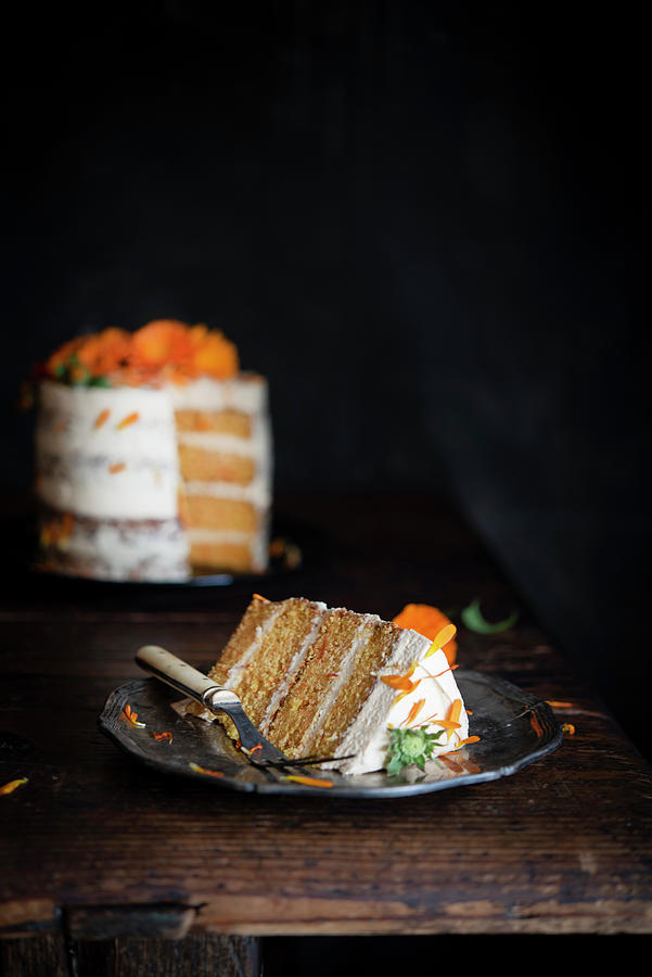 Carrot Cake Decorated With Calendulas #1 Photograph by Justina Ramanauskiene