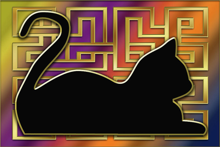 Cat Digital Art - Cat and Gold Screen 2 by Chuck Staley