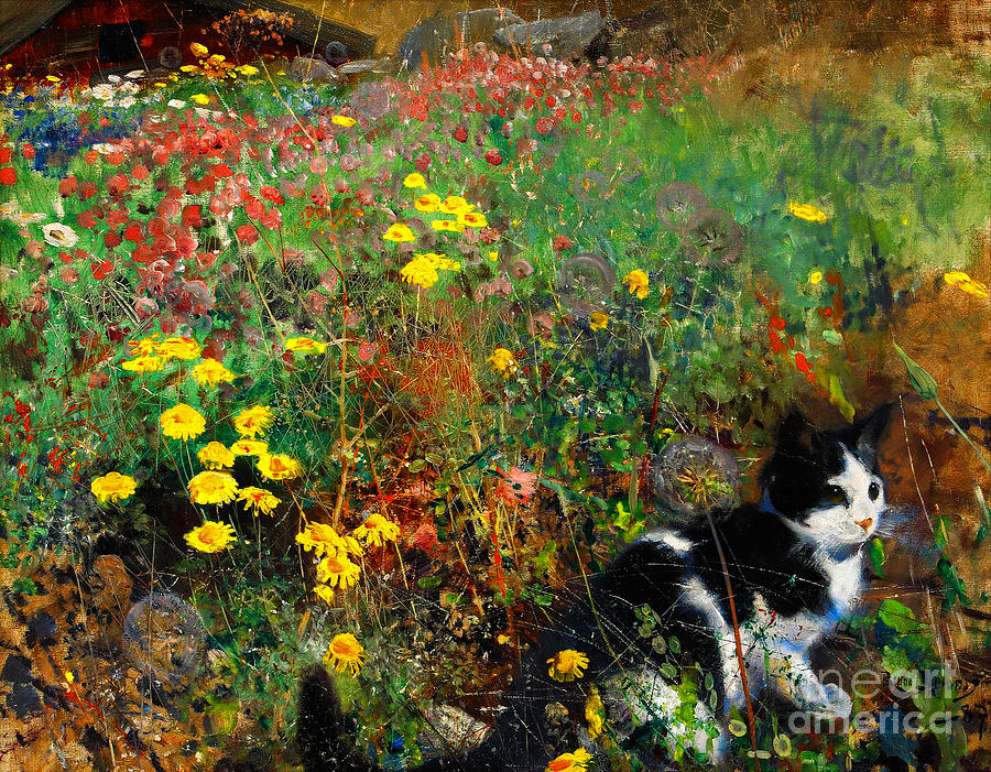 Cat on Flowerbed Painting by Peter Ogden