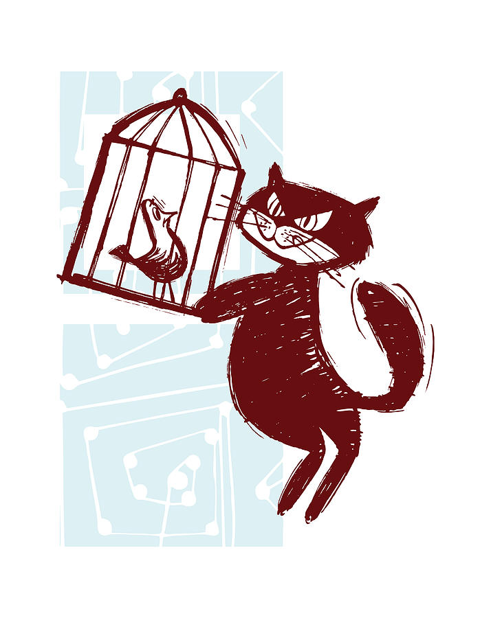 Vintage Drawing - Cat Teasing Bird in a Cage #1 by CSA Images