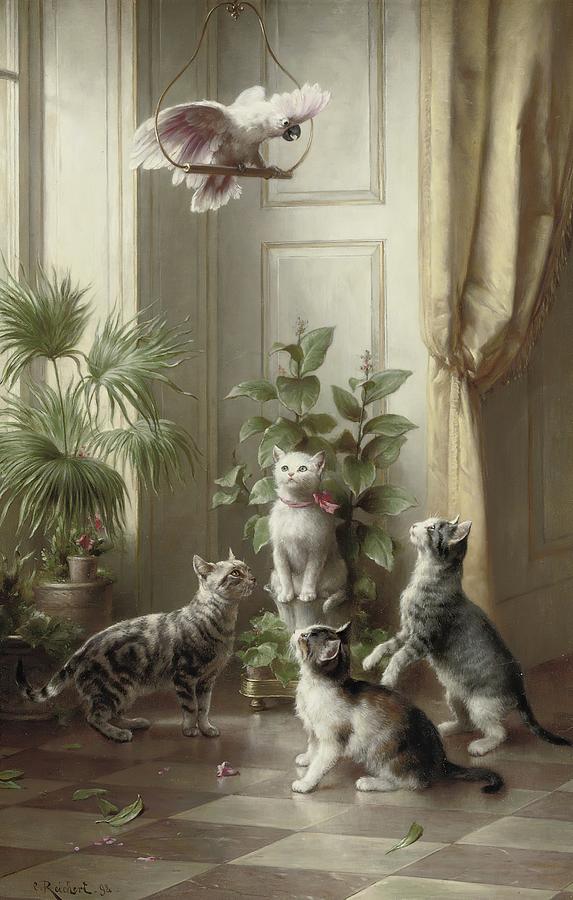 Cat Painting - Cats And The Cockatoo by Carl Reichert