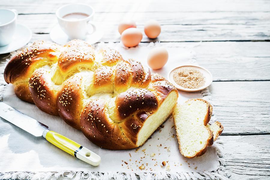 Challah a Jewish Sweet Bread Plait With Ingredients And Coffee #1 Photograph by Maricruz Avalos Flores