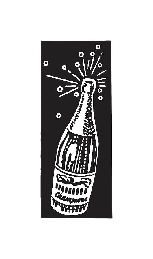 Black And White Drawing - Champagne Bottle with Popping Cork #1 by CSA Images