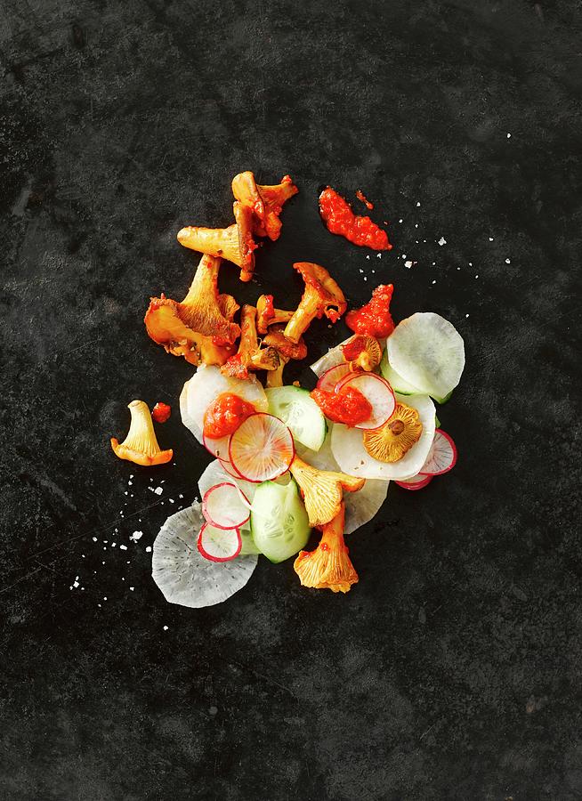 Chanterelle Mushrooms With Sliced Radish And Horseradish, Cucumber And Red Pesto #1 Photograph by Kai Schwabe