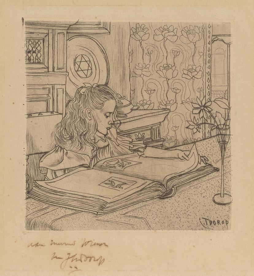 Flower Drawing - Charley Looking At An Album Of Prints by Jan Toorop