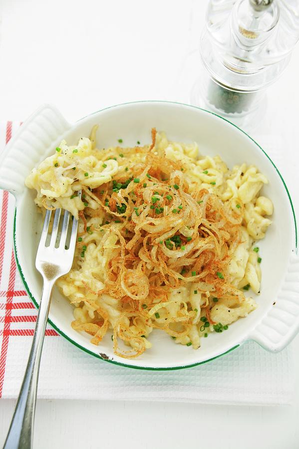 Cheese Sptzle soft Egg Noodles From Swabia With Fried Onions In An Enamel Baking Dish #1 Photograph by Food Experts Group
