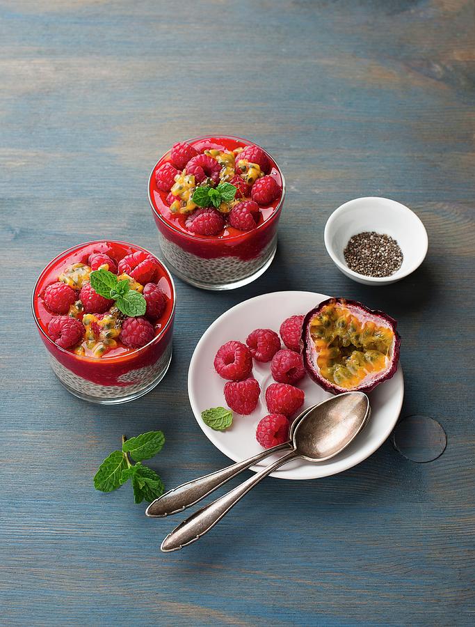 Chia Pudding With Raspberries And Passion Fruit #1 Photograph by Ewgenija Schall