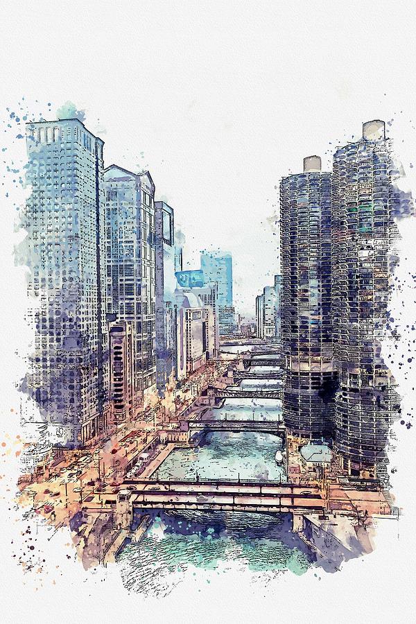 Chicago Downtown 99 Watercolor By Ahmet Asar Painting