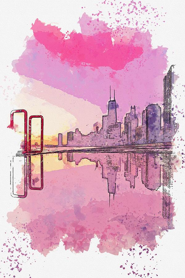 Chicago Sunset Watercolor By Ahmet Asar Painting
