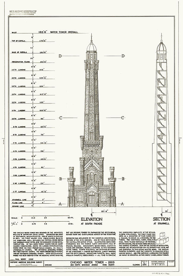 Architecture Drawing - Chicago Water Tower 1869 #1 by Mountain Dreams