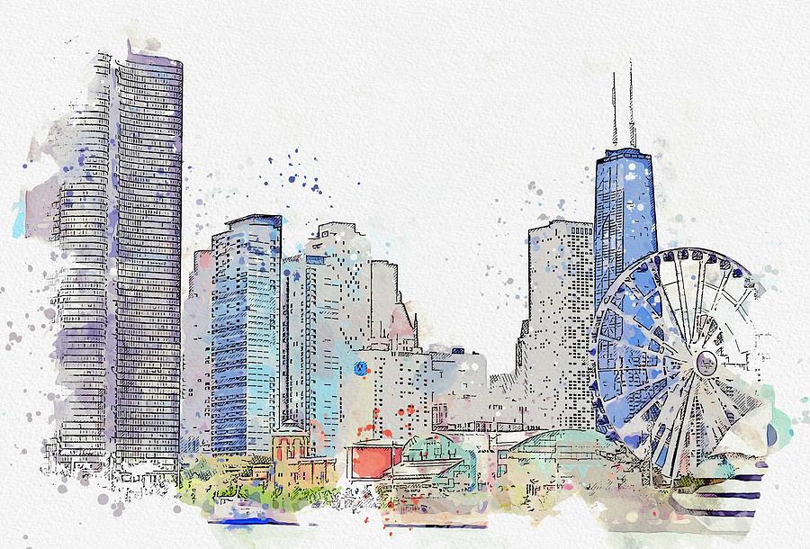 Architecture Painting - Chicago watercolor by Ahmet Asar #1 by Celestial Images