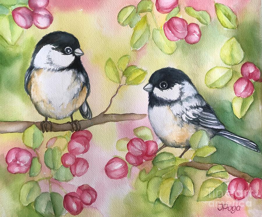 Chickadees and apple blossoms Painting by Inese Poga
