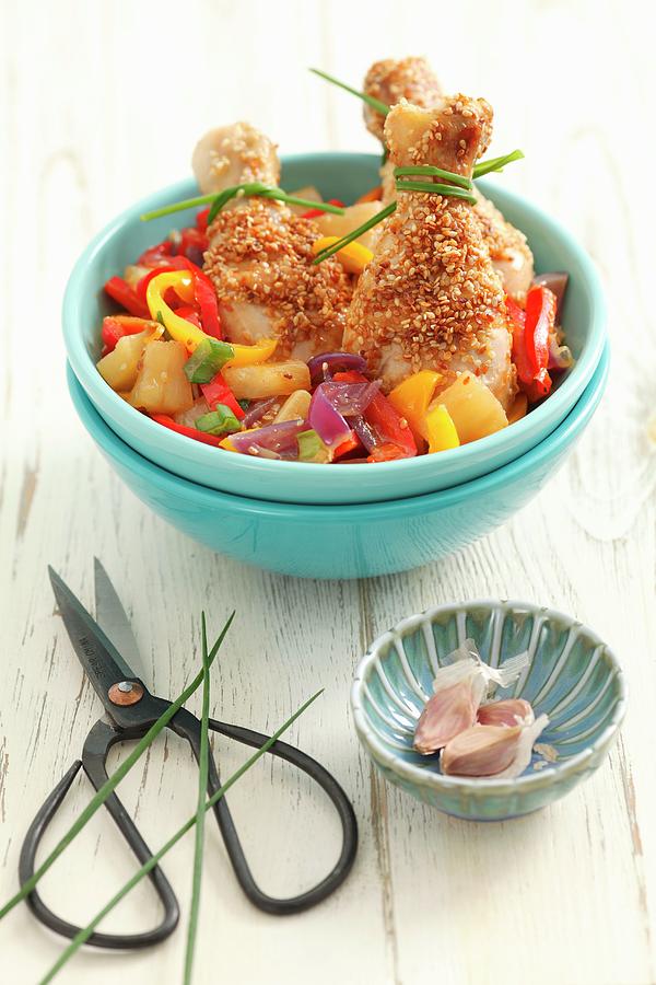 Chicken Legs With Sesame Seeds, Peppers And Pineapple #1 Photograph by Rua Castilho