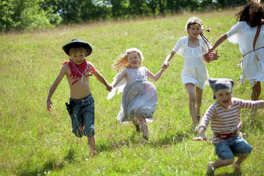 Nature Digital Art - Children In Costumes Running In Field #1 by Jonatan Fernstrom