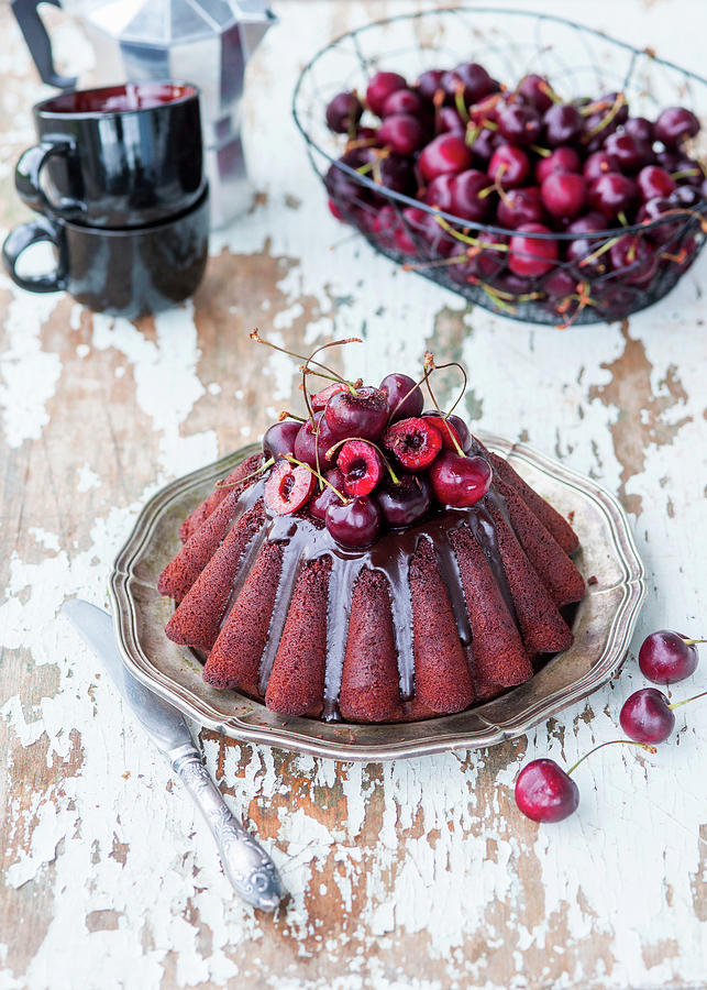 Chocolate Bundt Cake With Cherries #1 Photograph by Irina Meliukh