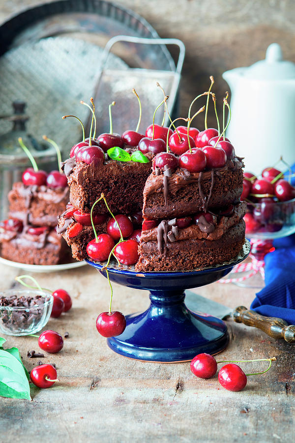 Chocolate Cake With Cherries #1 Photograph by Irina Meliukh