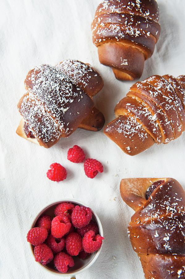 Chocolate Croissants With Raspberries And Coconut #1 Photograph by Gabriela Lupu