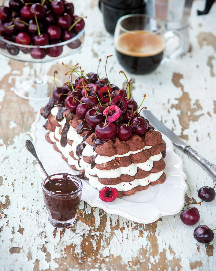 Chocolate Meringue Cake With Cherries #1 Photograph by Irina Meliukh