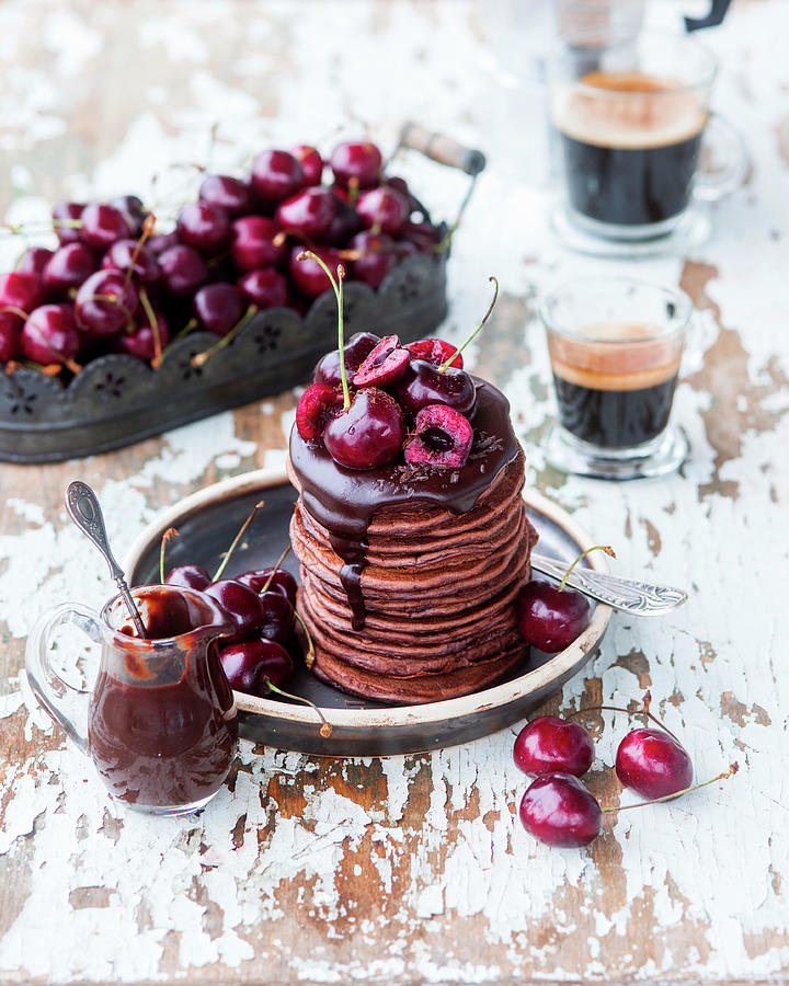 Chocolate Pancakes With Cherries #1 Photograph by Irina Meliukh