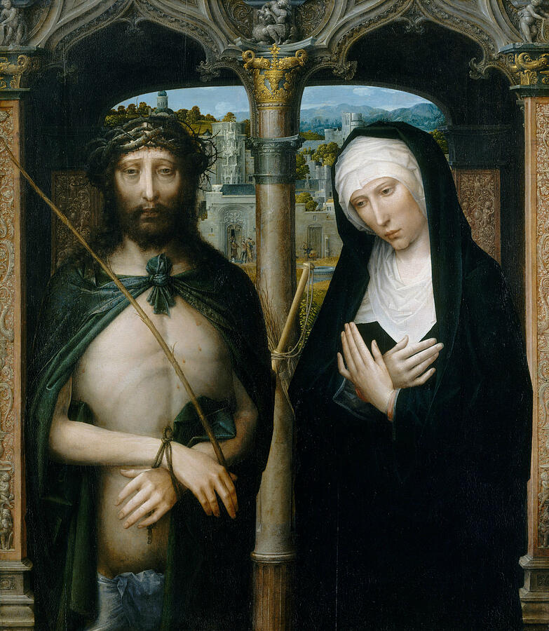 Christ Crowned with Thorns, and the Mourning Virgin, from circa 1530-1540 Painting by Adriaen Isenbrant
