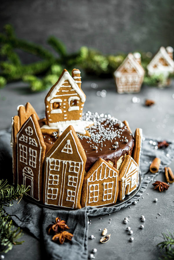 Christmas Chocolate Cheesecake Decorated With Gingerbread Cottages #1 Photograph by Diana Kowalczyk