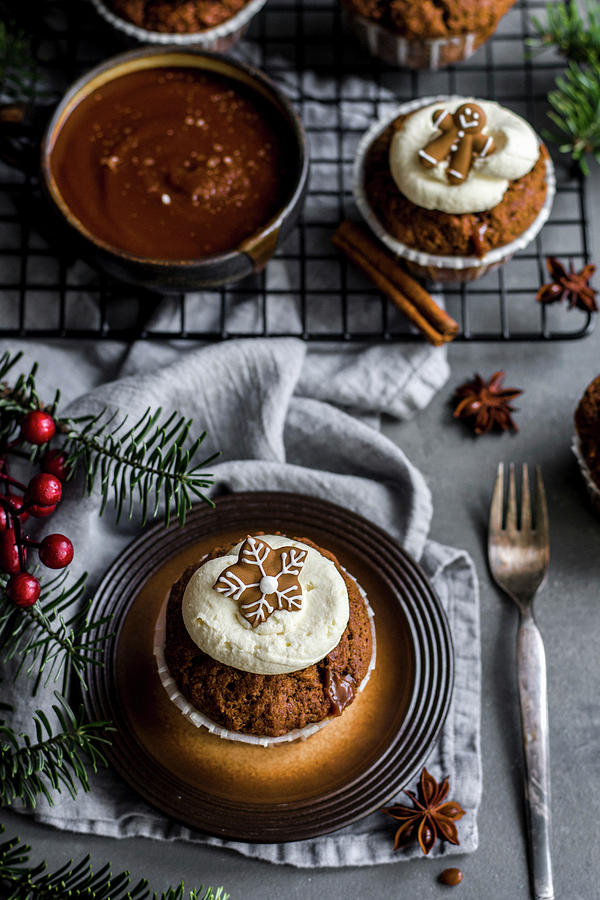 Christmas Gingerbread Cupcakes With Mascarpone Frosting And Caramel #1 Photograph by Diana Kowalczyk