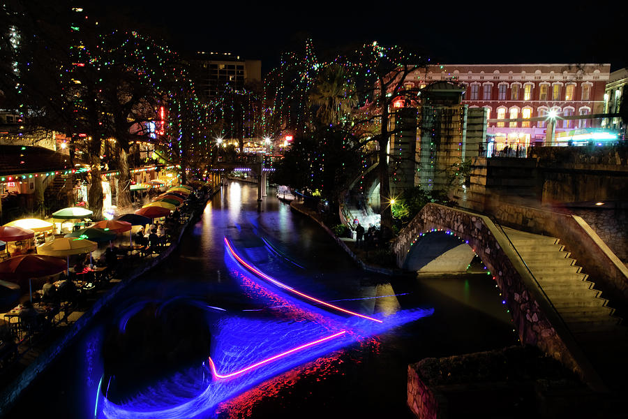 Christmas Lights and Light Trails by the Riverwalk Photograph by Amber Photography