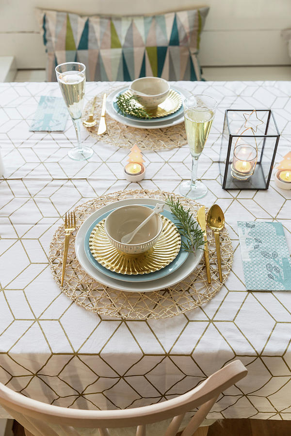 Christmas Table Set In Cool Winter Colours And Gold #1 Photograph by Studio Lumino