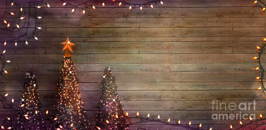 Christmas trees on wood. Fairy Lights Photograph by Mythja Photography ...
