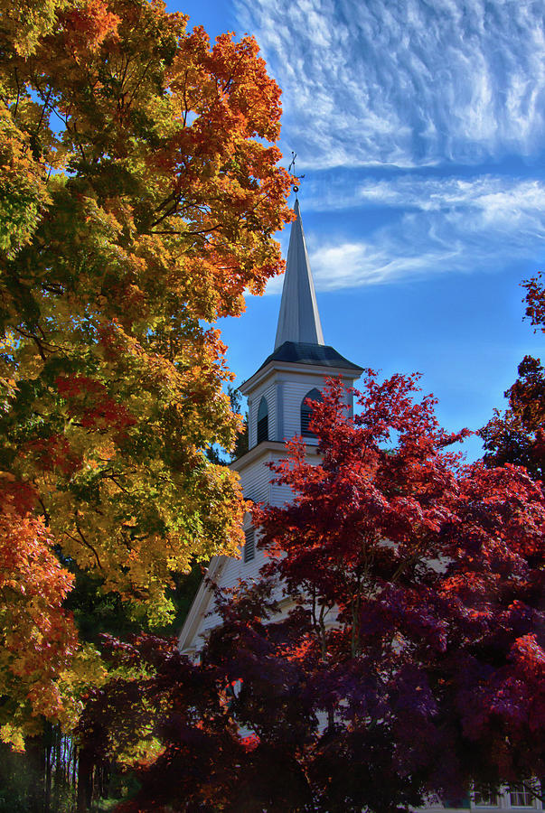 Church with Mares tails above and fall foliage below #1 Photograph by Jeff Folger