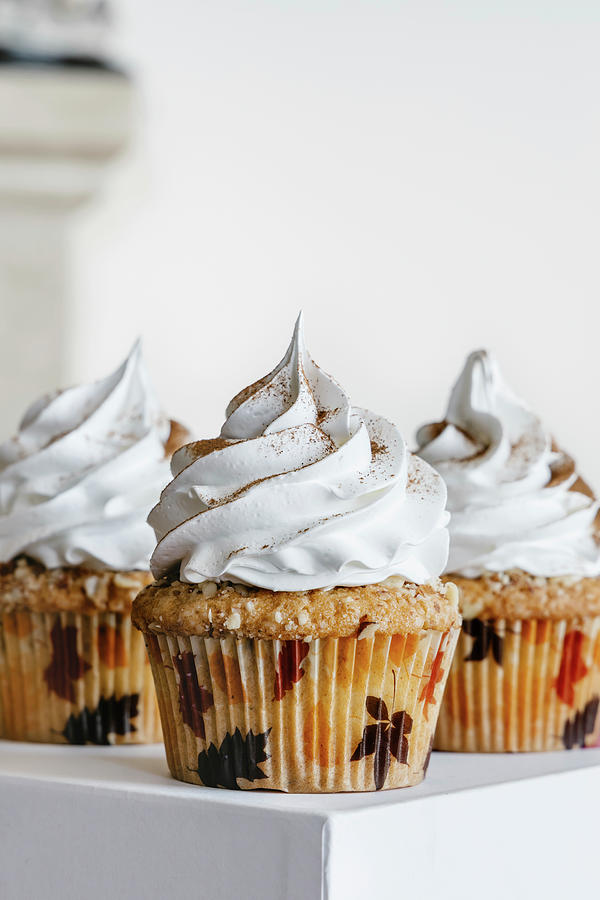 Cinnamon Almond Cupcakes With Swiss Meringue Cream Frosting #1 Photograph by Alla Machutt