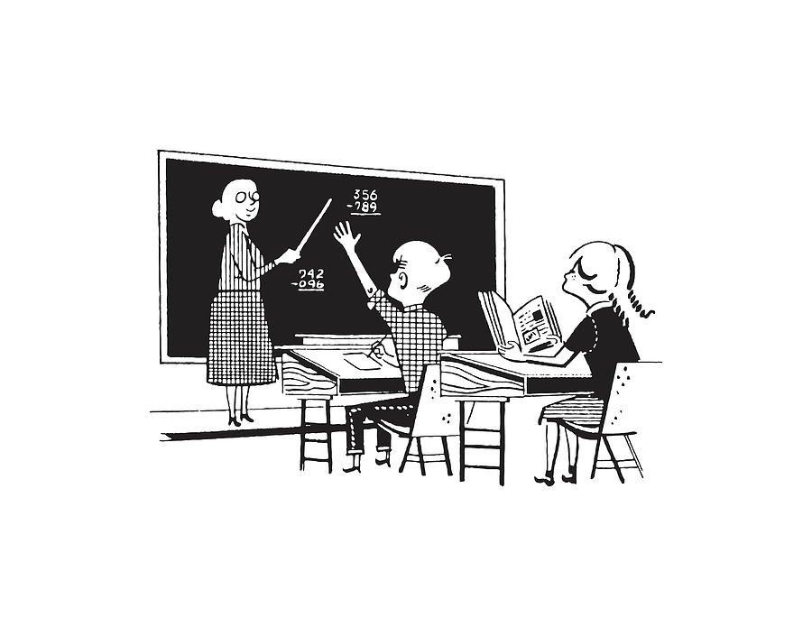 Black And White Drawing - Classroom with Two Children Doing Arithmetic #1 by CSA Images