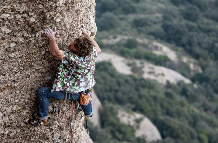 Climber Sending A Difficult Route On Sport Climbing Zone In Montserrat ...