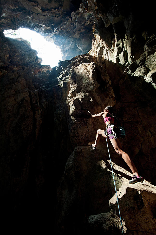 Rope Photograph - Climbing Out Of The Anxiety State Crisis Cave At Crazy Horse Buttress #1 by Cavan Images