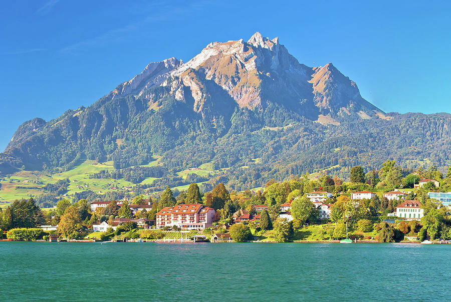 Coast of Lake Lucerne and Pilatus mountain panoramic view Photograph by ...