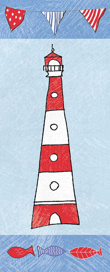 Bunting Painting - Coastal Lighthouse I On Blue #1 by Farida Zaman