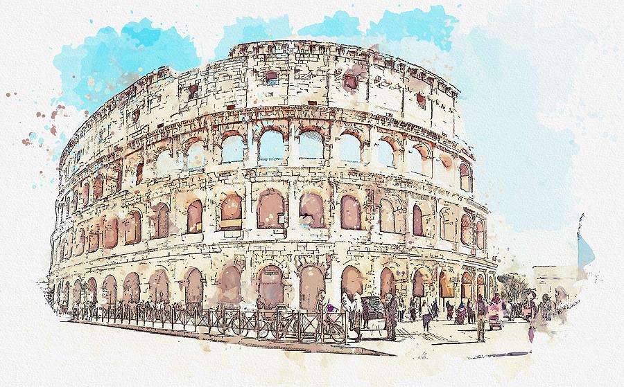 Colosseo, Roma, Italy -  watercolor by Adam Asar #1 Painting by Celestial Images