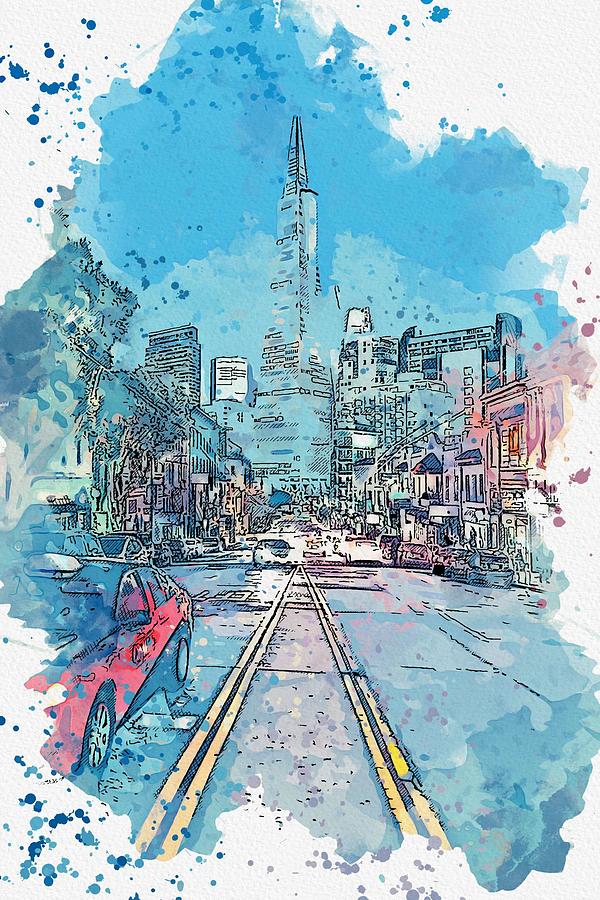 Columbus Avenue, San Francisco, United States -  watercolor by Adam Asar #1 Painting by Celestial Images