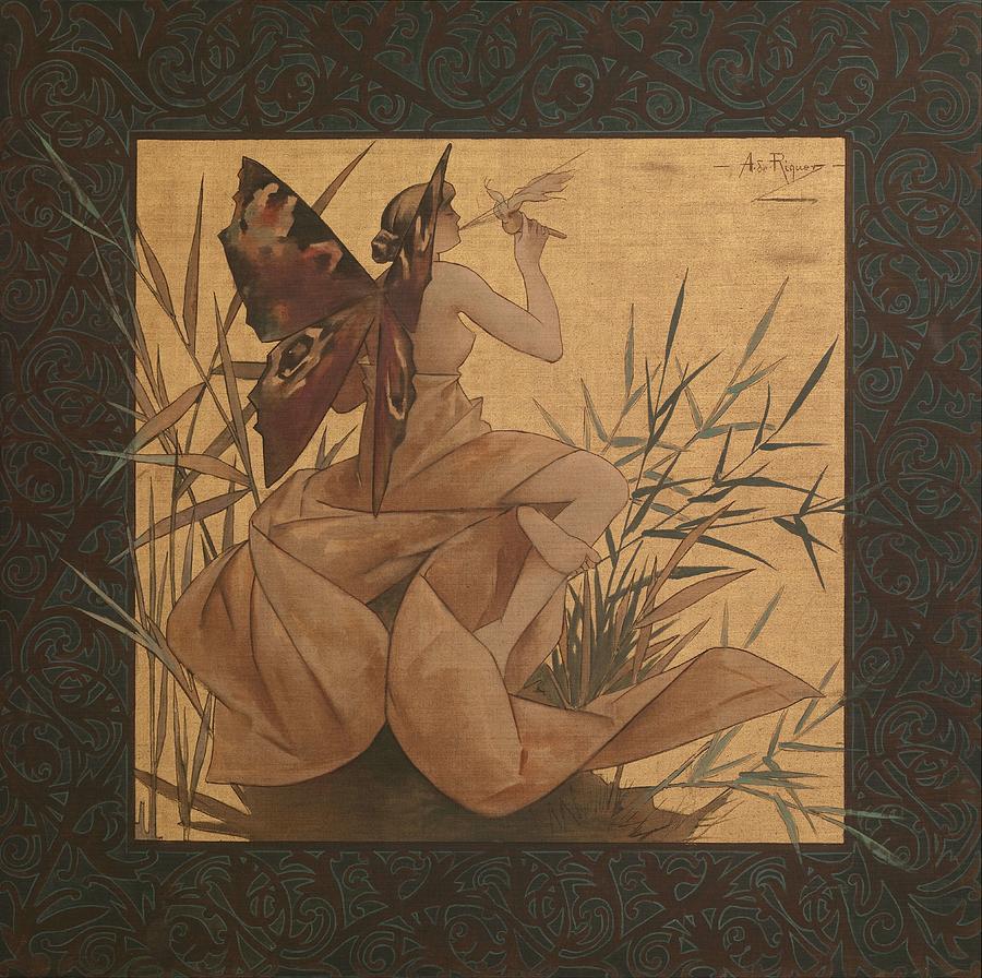 Composition with winged nymph blowing amongst reeds #2 Painting by Alexandre de Riquer