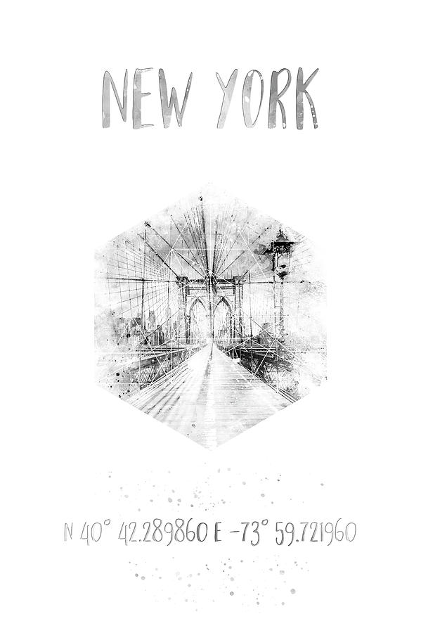 New York City Mixed Media - Coordinates NYC Brooklyn Bridge - watercolor #1 by Melanie Viola