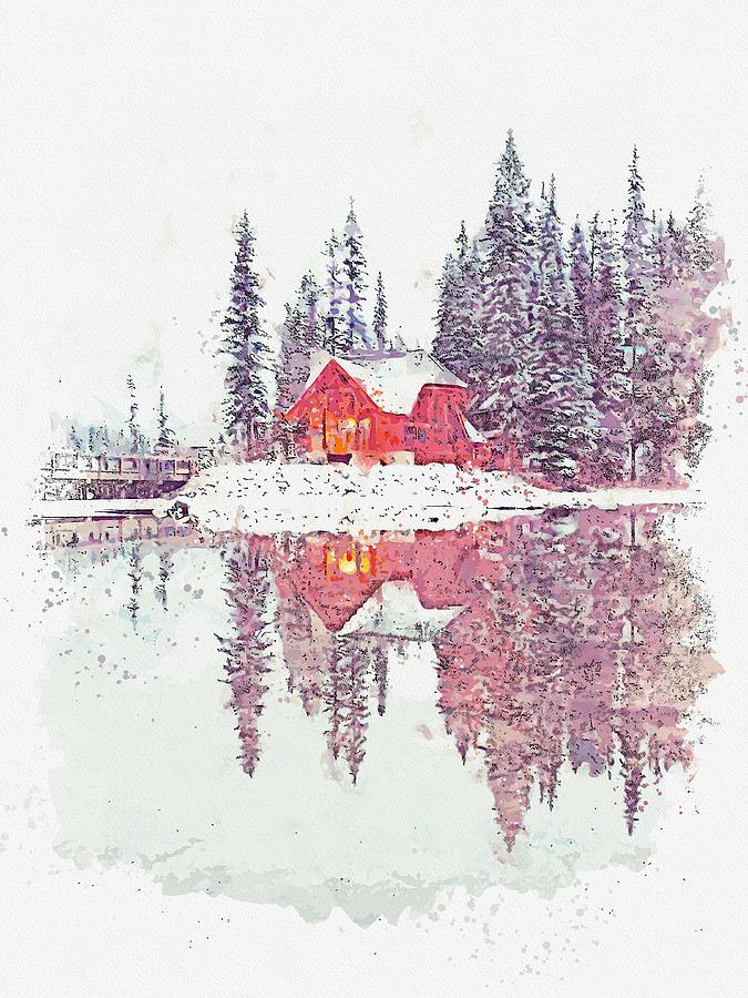 Cottage at Emerald Lake, Canada -  watercolor by Adam Asar #1 Painting by Celestial Images