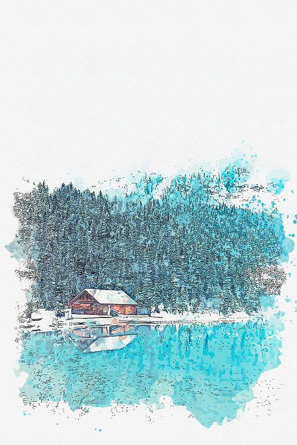 Cottage by the lake -  watercolor by Adam Asar #1 Painting by Celestial Images
