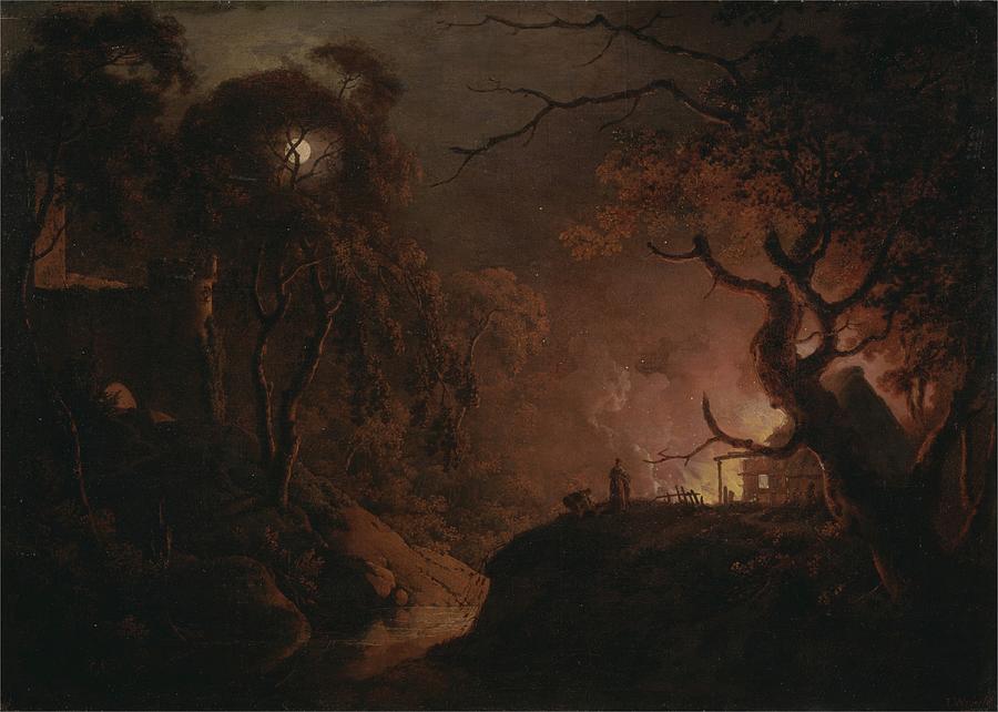 Cottage On Fire At Night Painting by Joseph Wright Of Derby Cottage On Fire At Night Painting by Joseph Wright Of Derby