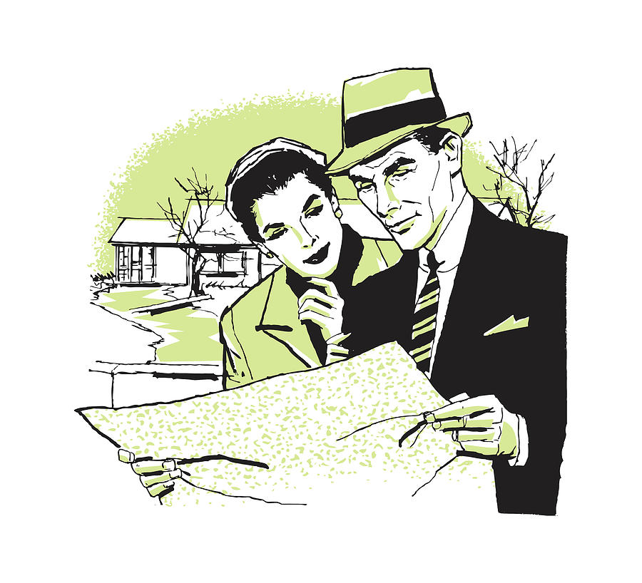 Vintage Drawing - Couple Looking at Map Together #1 by CSA Images