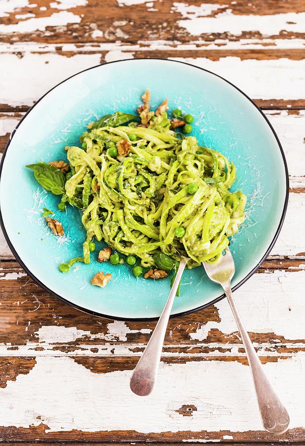 Courgette Noodles With Avocado Pesto And Peas #1 Photograph by Hein Van Tonder