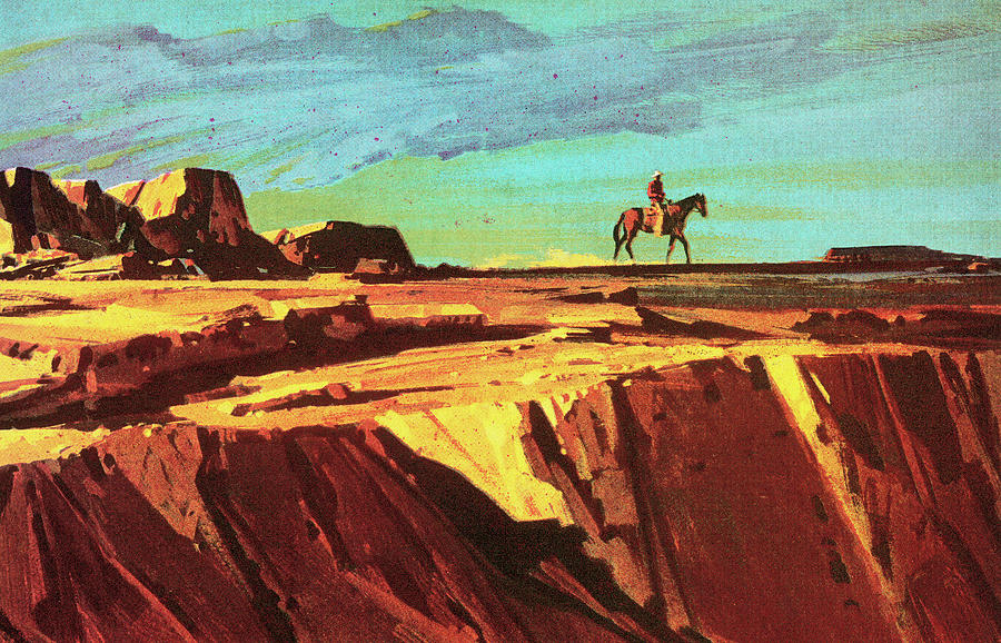 Nature Drawing - Cowboy and Horse on Cliff #1 by CSA Images