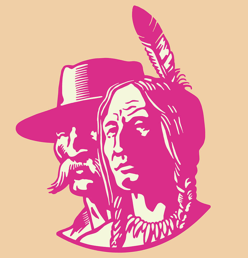 Vintage Drawing - Cowboy and Native American #1 by CSA Images