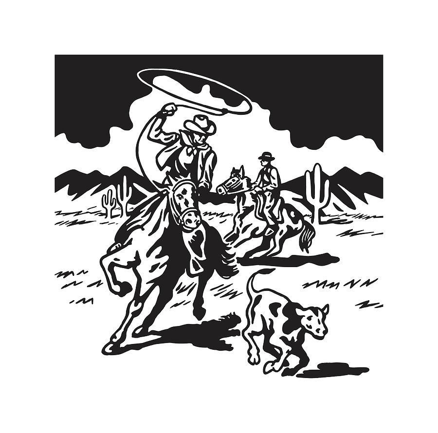 Black And White Drawing - Cowboy Lassoing Calf #1 by CSA Images